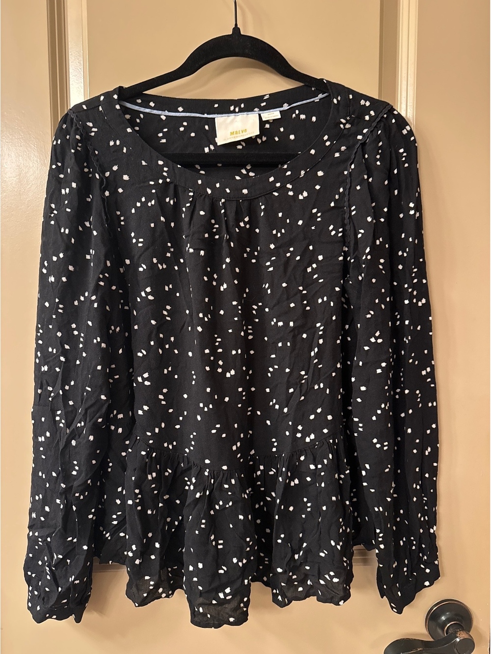 Anthropologie Maeve Black Peplum Blouse with White Dot Pattern, Size Medium